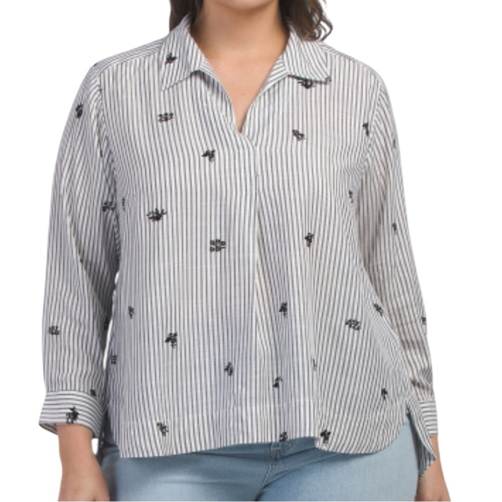 Jane & Delancey Striped Floral Shirt With Flocking